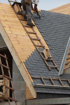 A man is working on a roof with a ladder