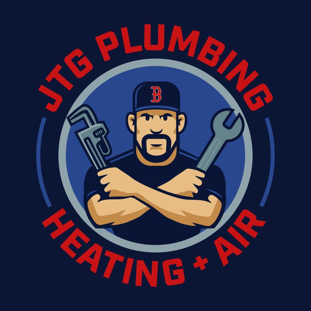JTG Plumbing logo: man with crossed arms holding wrench/pipe wrench, wearing Red Sox cap. Dark blue/red circular design.