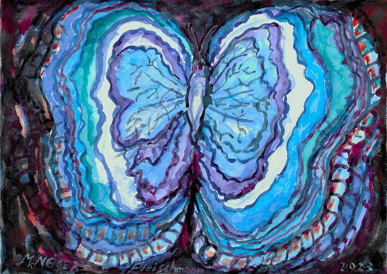 A painting of a blue and purple butterfly on a purple background