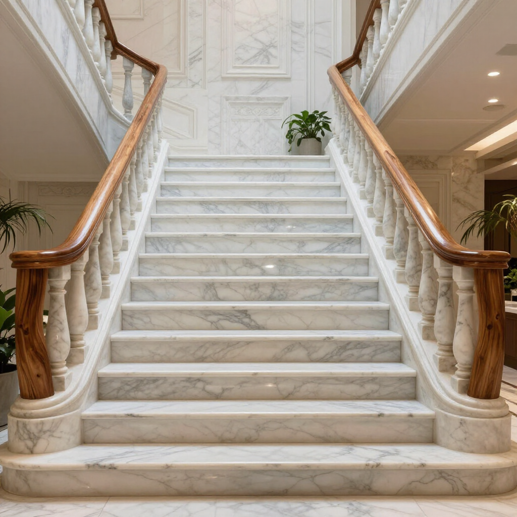 Una maestosa e simmetrica scalinata in marmo bianco con balaustre decorative in pietra e corrimano in legno lucido.