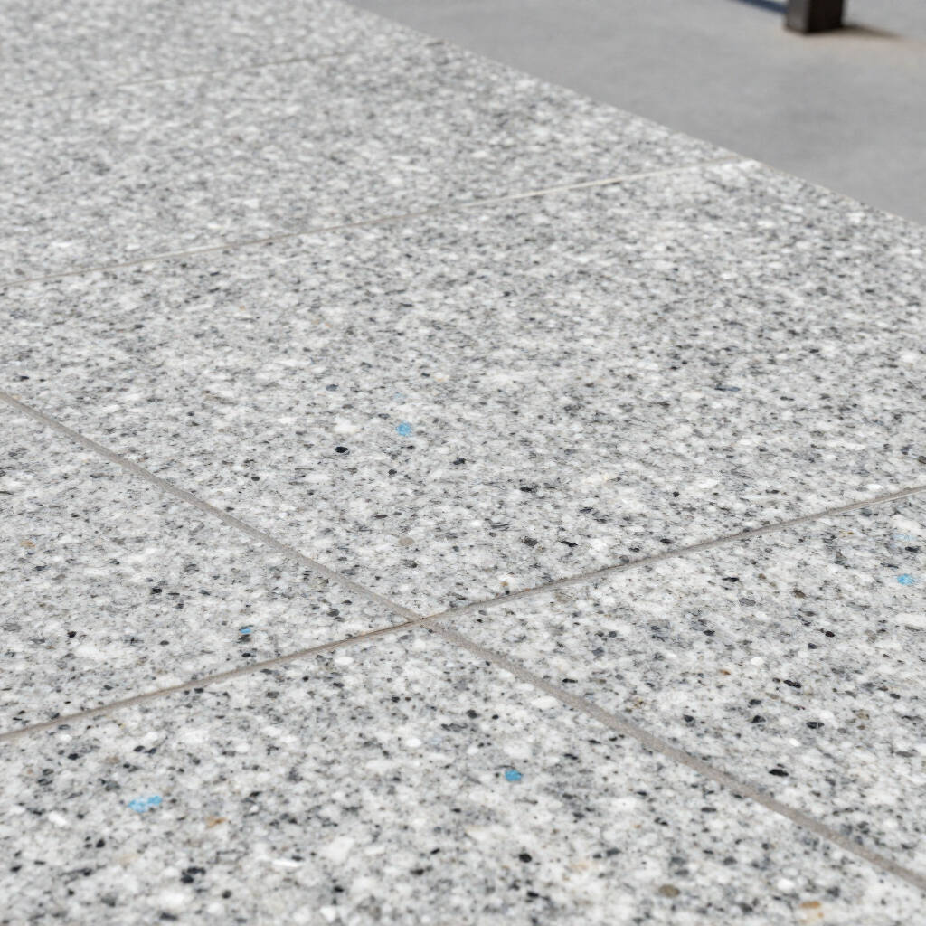 Una vista ravvicinata e dall'alto di una superficie di granito grigio e screziato, con giunture visibili che separano grandi piastrelle di pietra.
