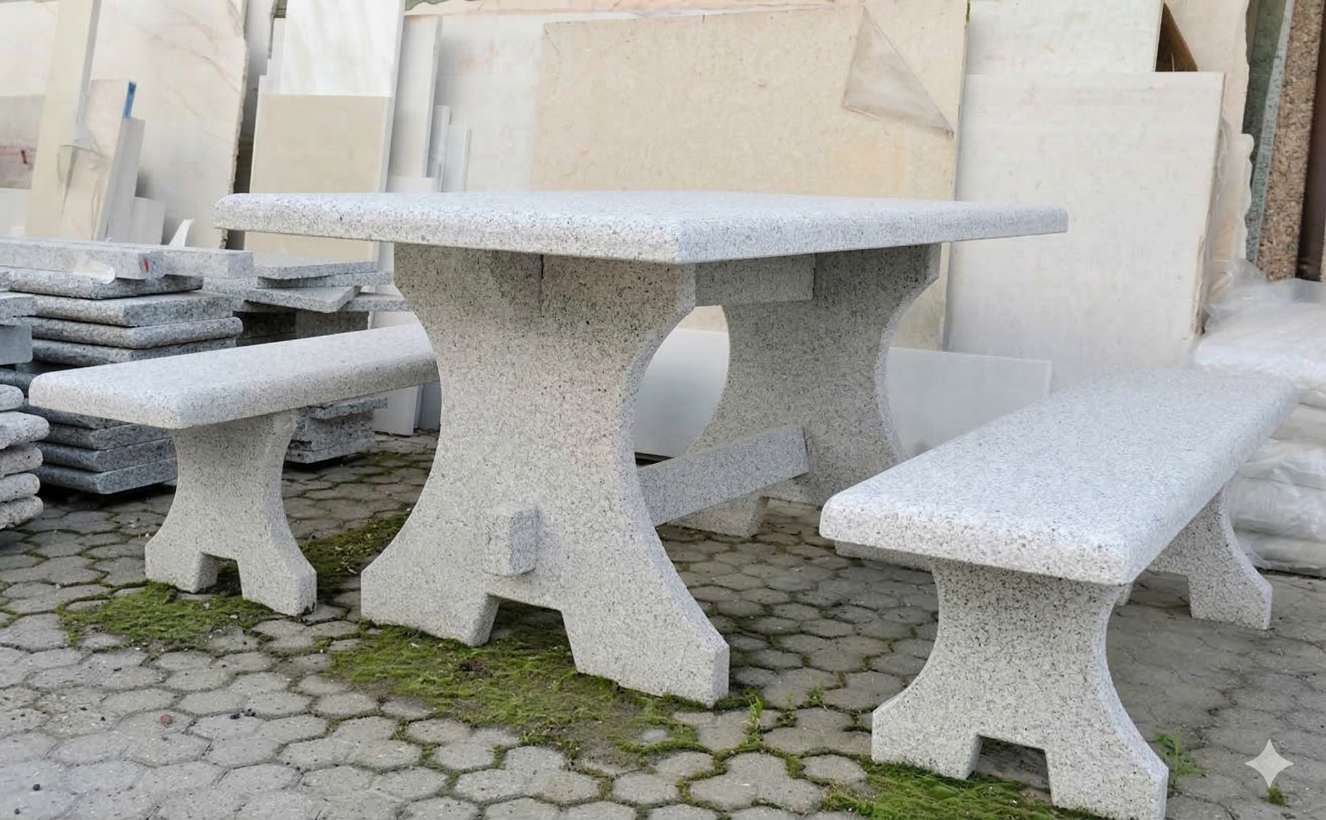 Un tavolo da picnic in pietra e due panchine con una texture grigia screziata, disposti su un patio pavimentato in pietra.