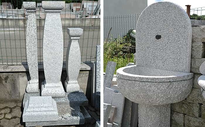 Un'immagine divisa che mostra diversi prodotti in pietra di granito, tra cui colonne decorative a sinistra e una fontana a vasca a destra.