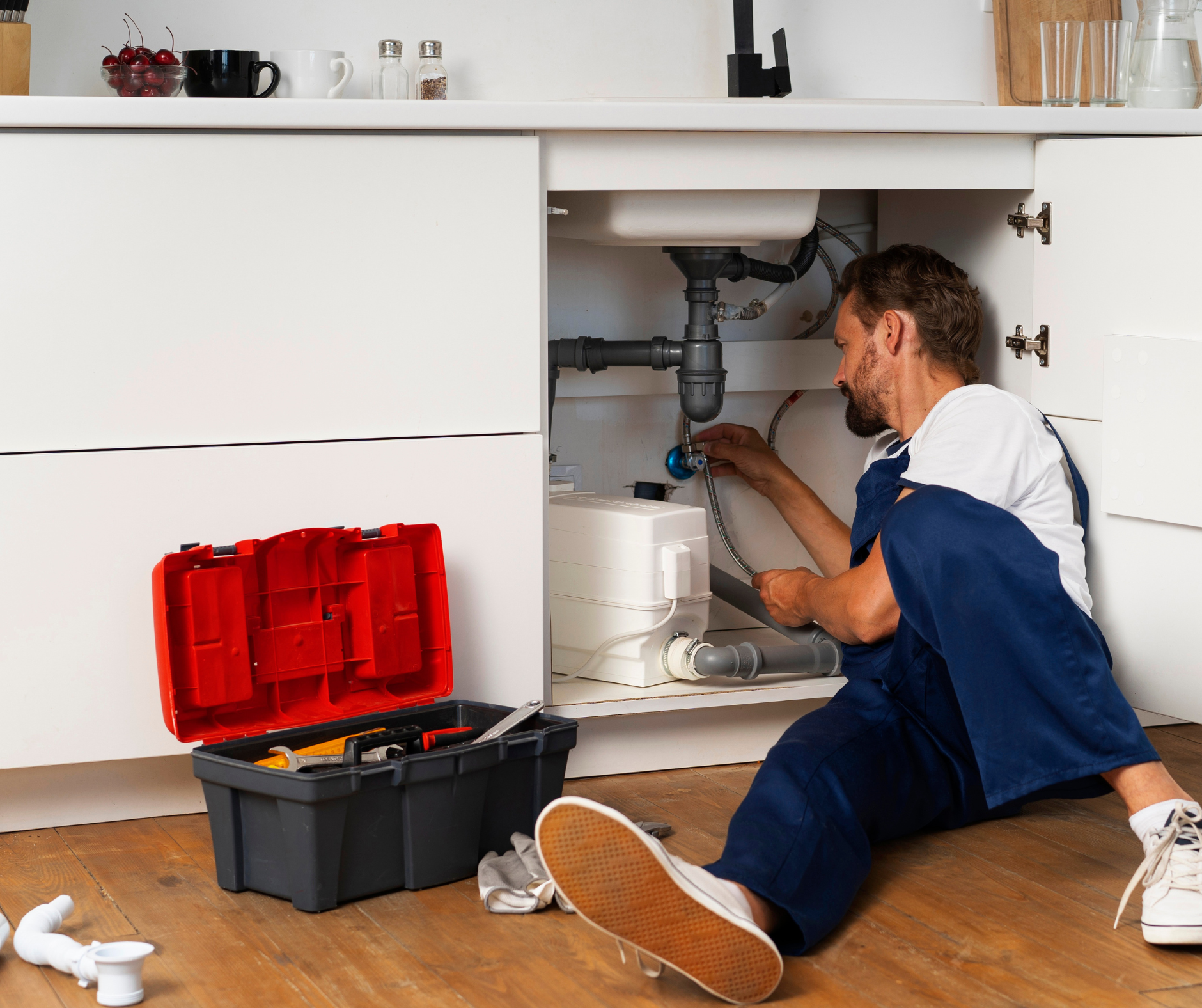 Plumber works under a kitchen sink, fixing pipes. Toolbox and parts on floor.