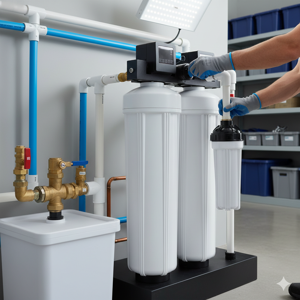 Plumber in white gloves fixing sink pipes with a wrench and cloth.