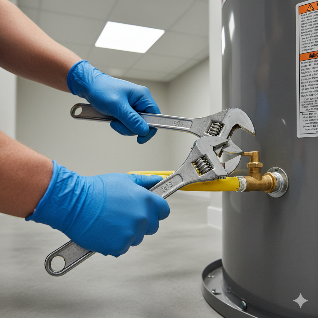 Plumber in white gloves fixing sink pipes with a wrench and cloth.