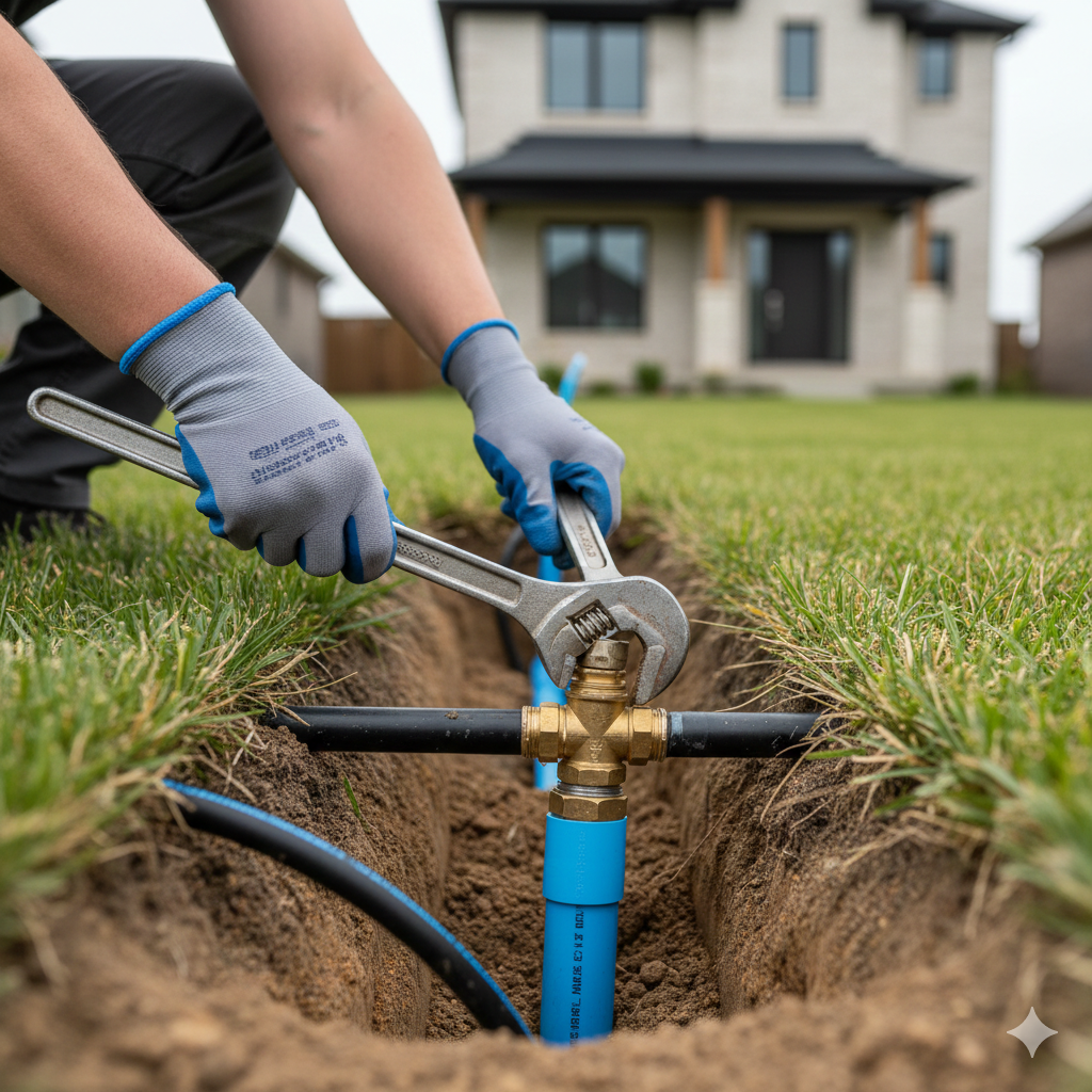 Plumber in white gloves fixing sink pipes with a wrench and cloth.