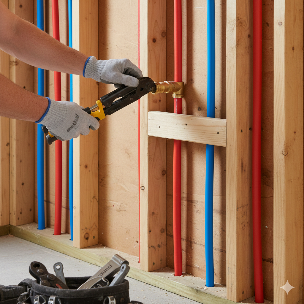 Plumber in white gloves fixing sink pipes with a wrench and cloth.