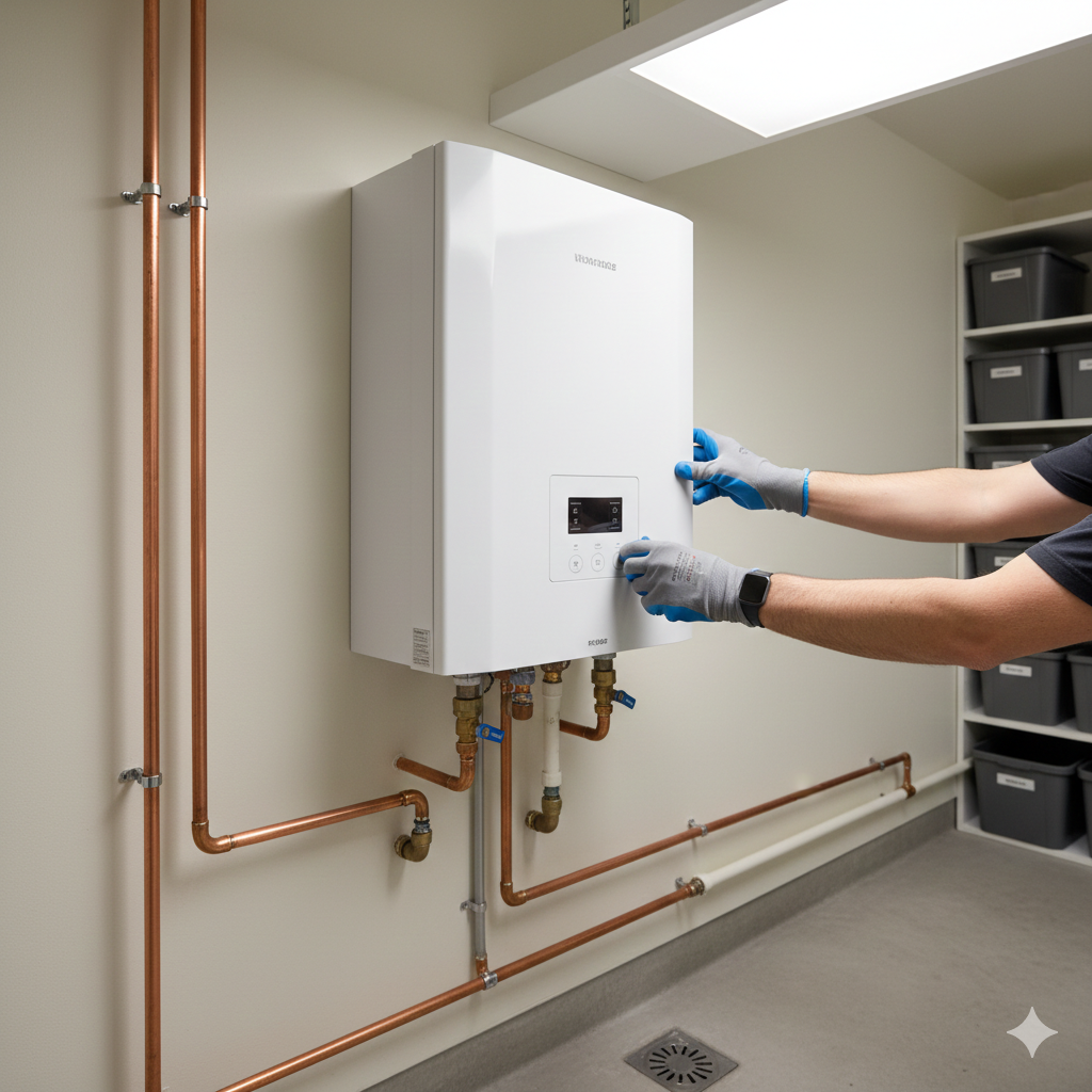 Plumber in white gloves fixing sink pipes with a wrench and cloth.
