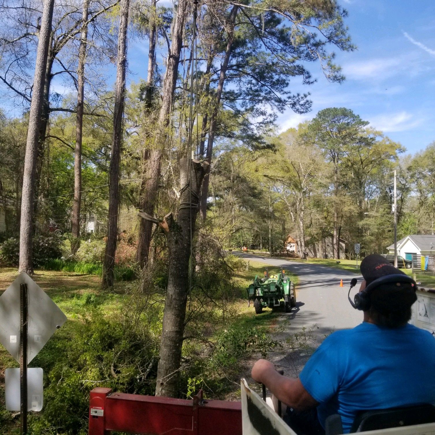 Man operating machinery, trimming a tree on a street. Green machine, blue sky, and other trees in the background.