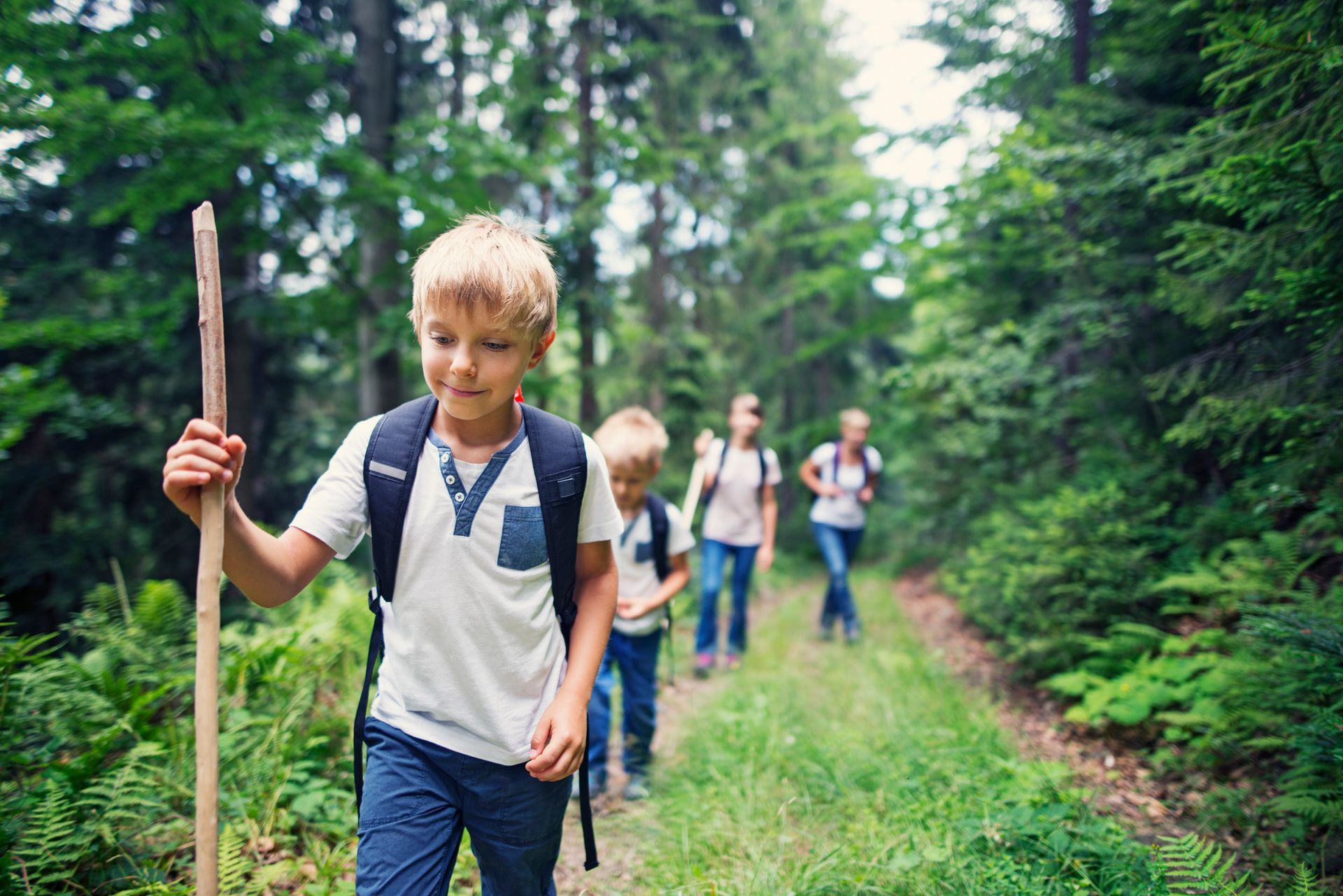 A group of children are hiking in the woods.