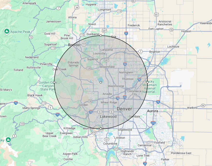 A map of denver , colorado with a circle around the city.