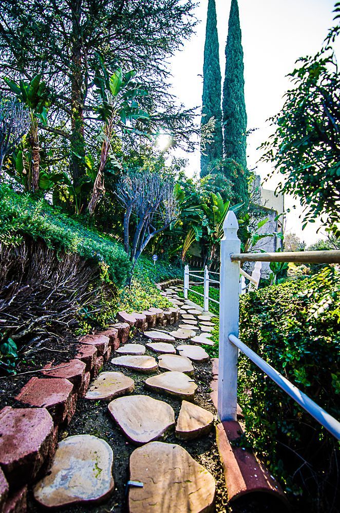 A stone path leading to a fence in a garden surrounded by trees.