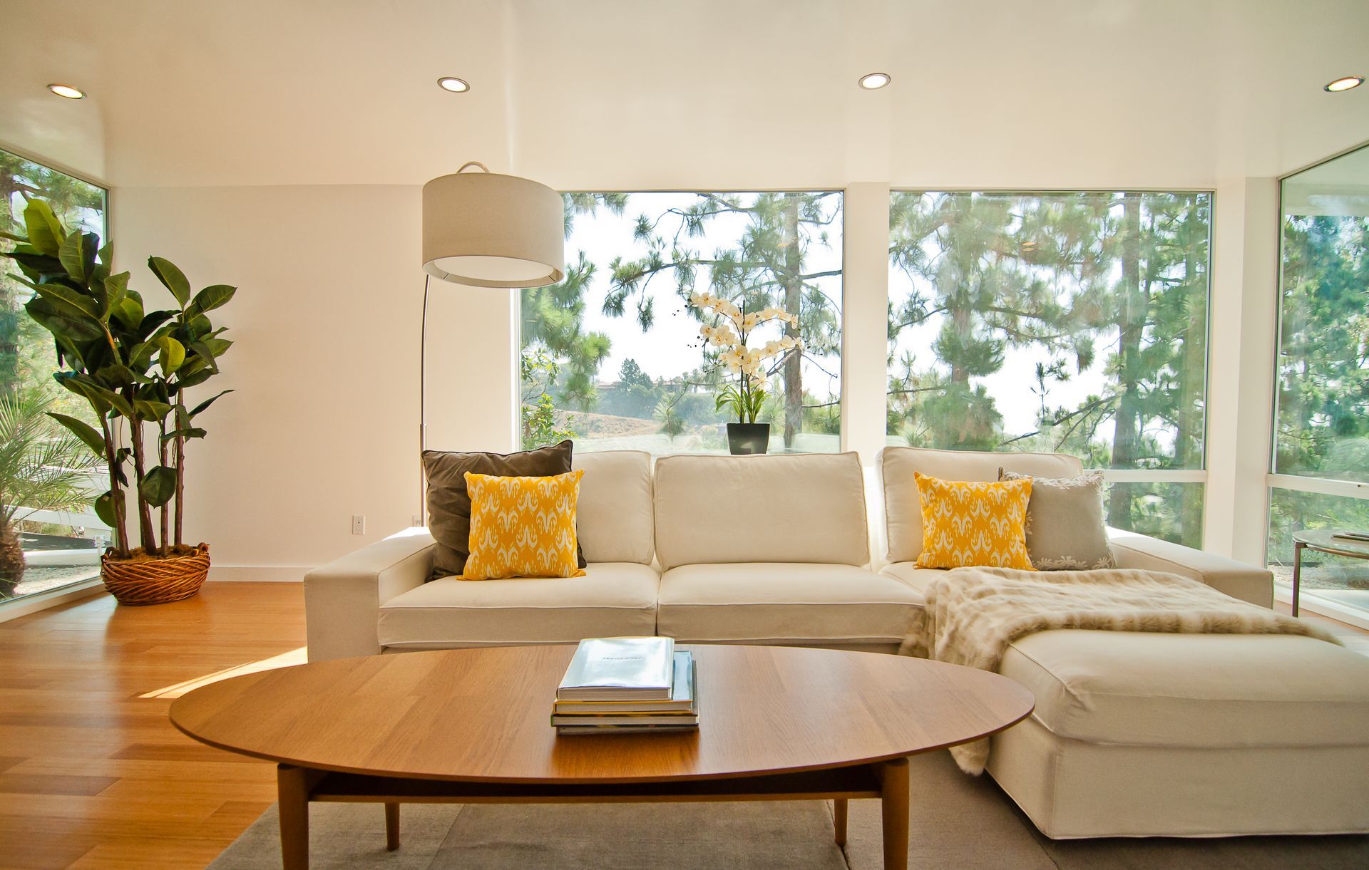 A living room with a couch and a coffee table