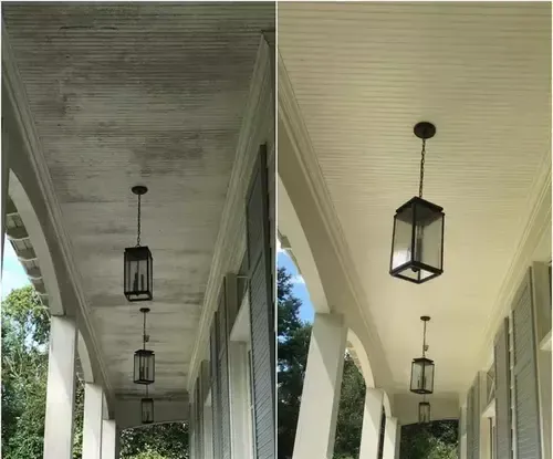 Before and After Sof twash and Pressure Wash Service for Outdoor Porch Ceiling