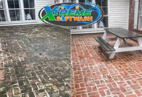 Before and After Soft wash and Pressure Wash Service for Outdoor Brick Patio Area