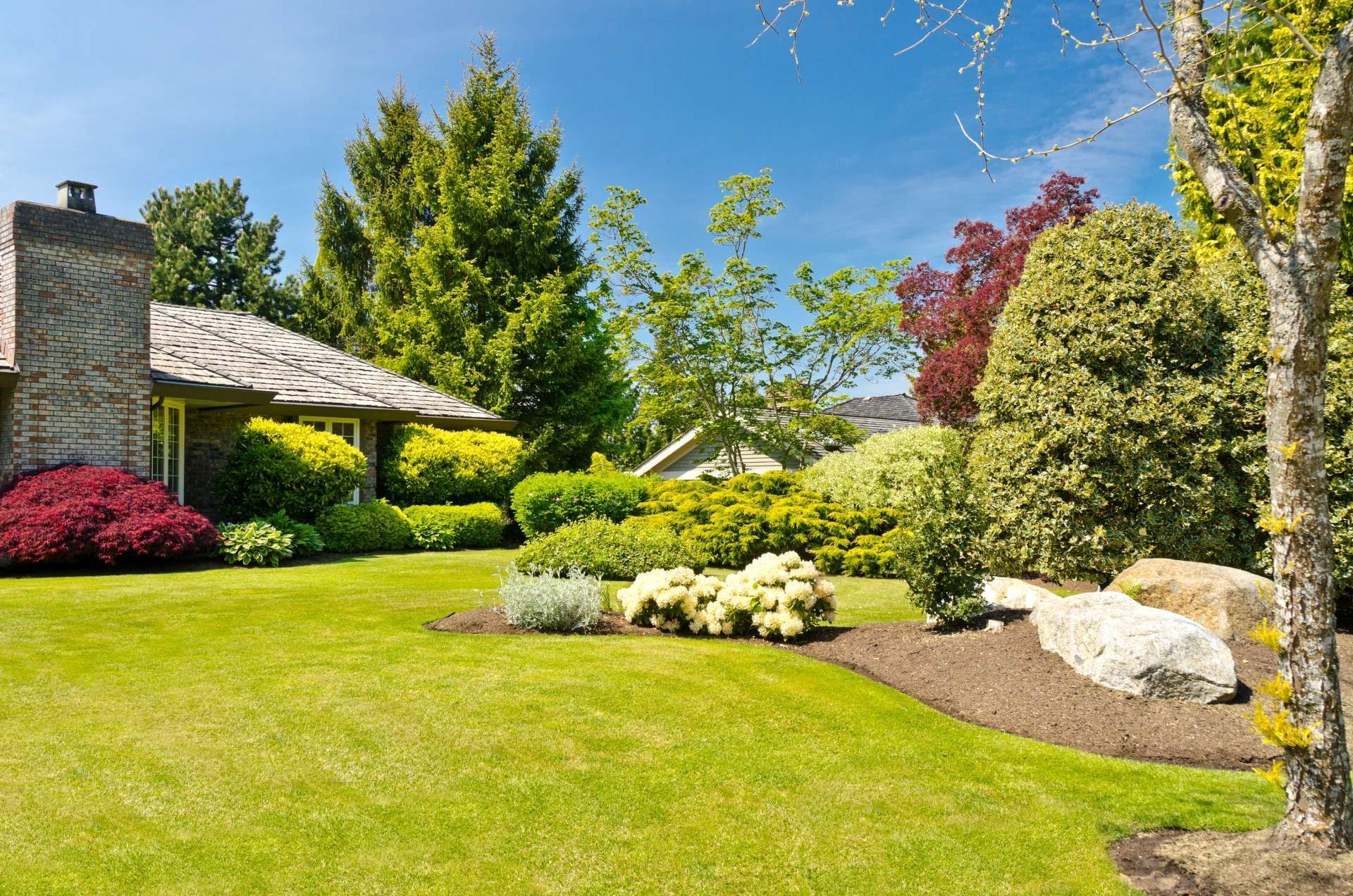 Lush green lawn and colorful garden in front of a house, under a bright blue sky.