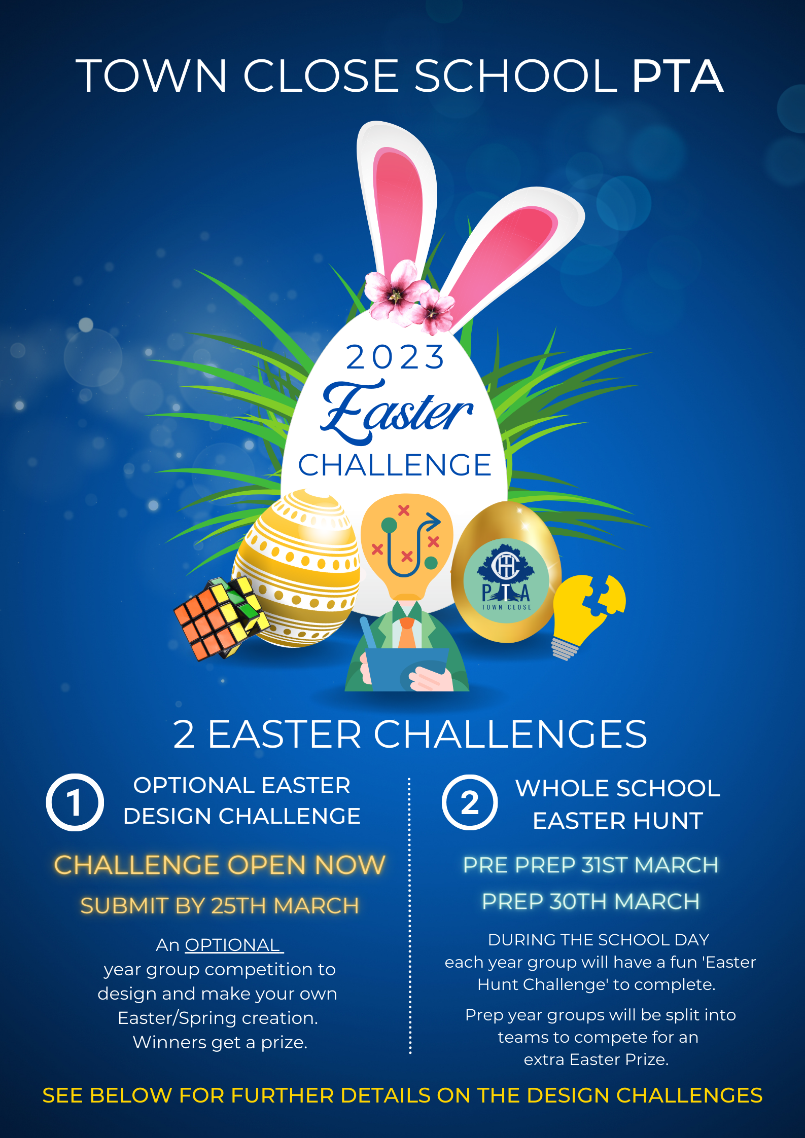 Easter Challenge poster for Town Close School PTA: bunny ears, decorated eggs, and event details.