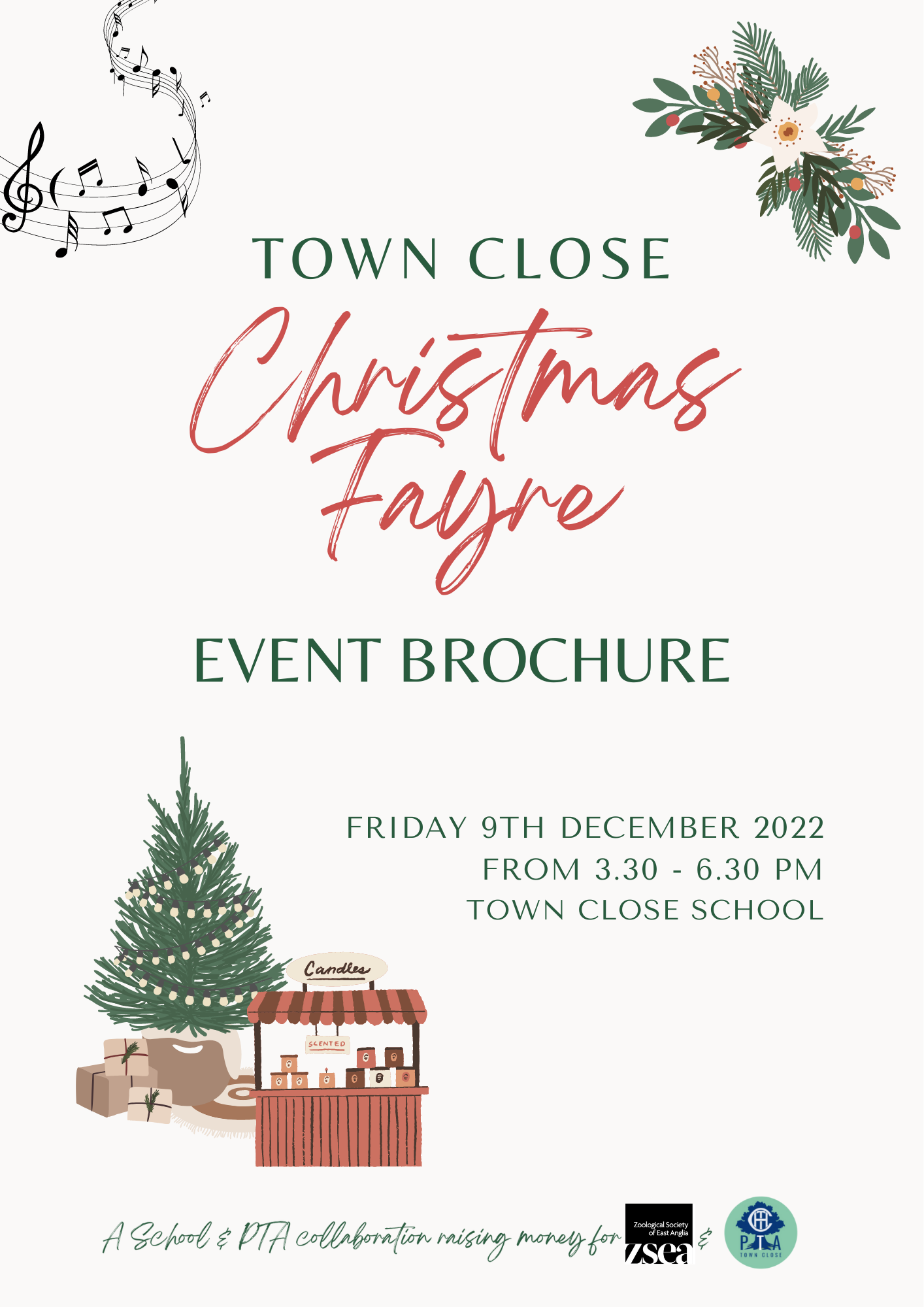 Brochure for Town Close Christmas Fayre, December 9th, 2022, featuring a Christmas tree and stall.