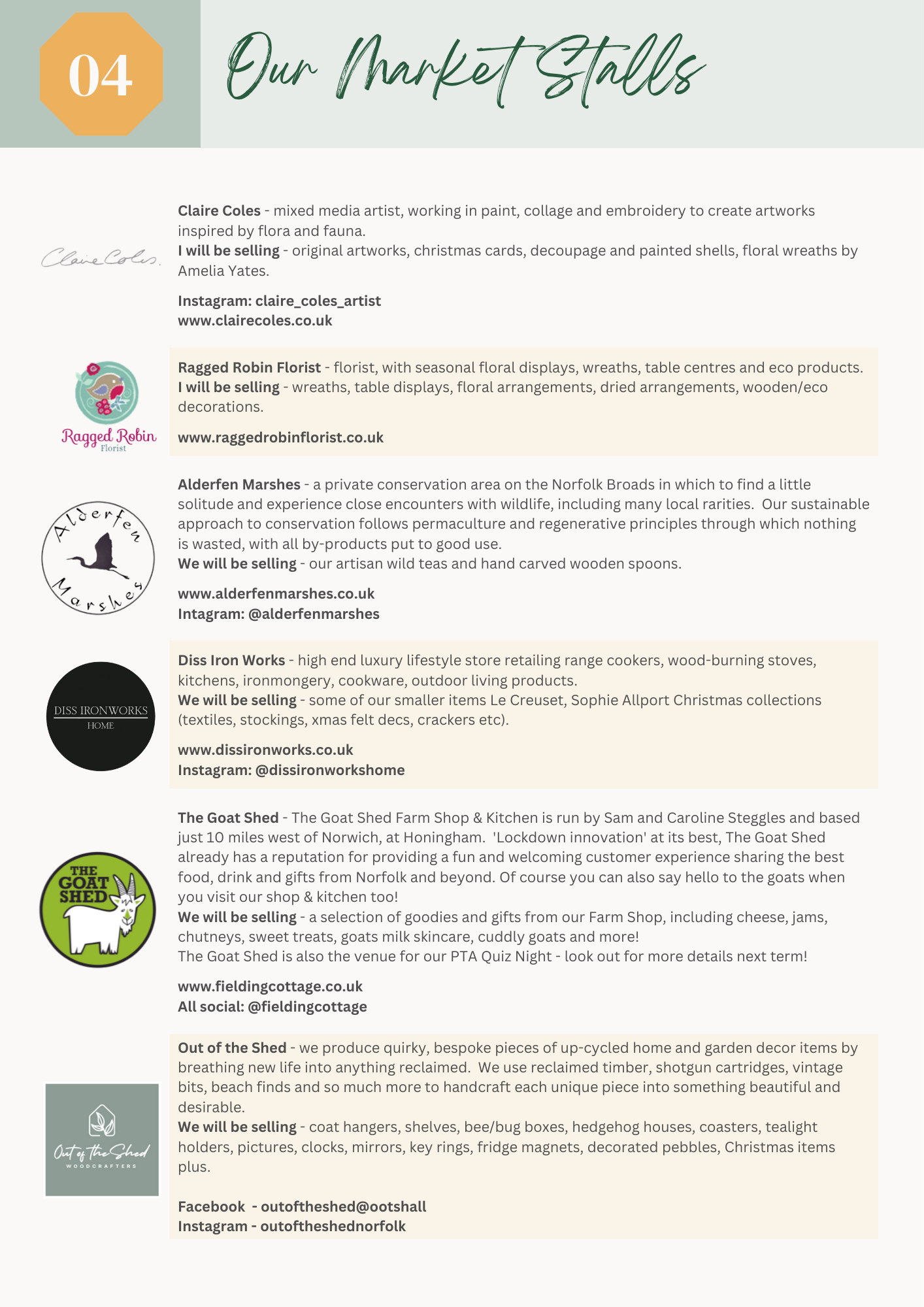 Page listing market stalls with logos and descriptions.
