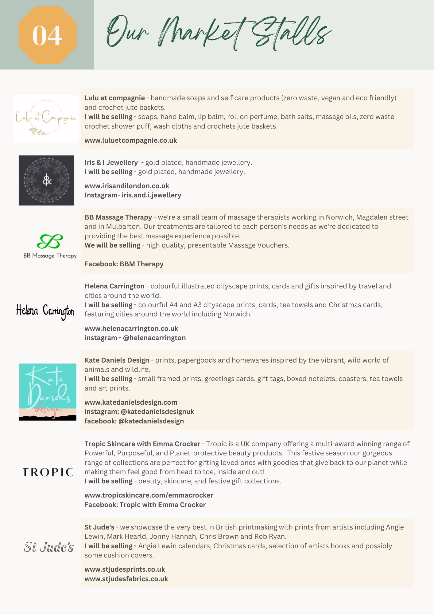 List of market stalls with logos and brief descriptions.