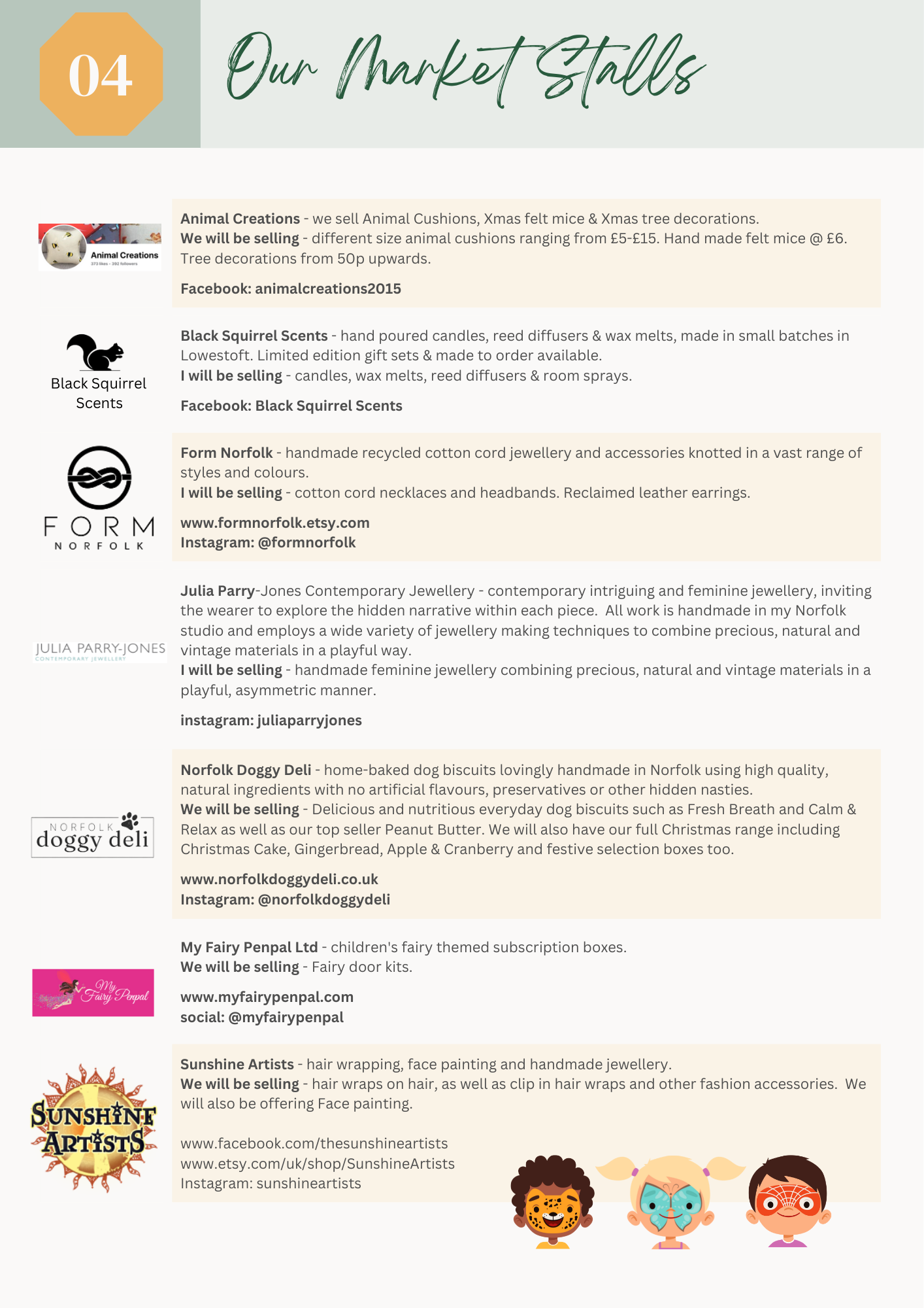 Page featuring market stall descriptions with a title and illustrations of children.