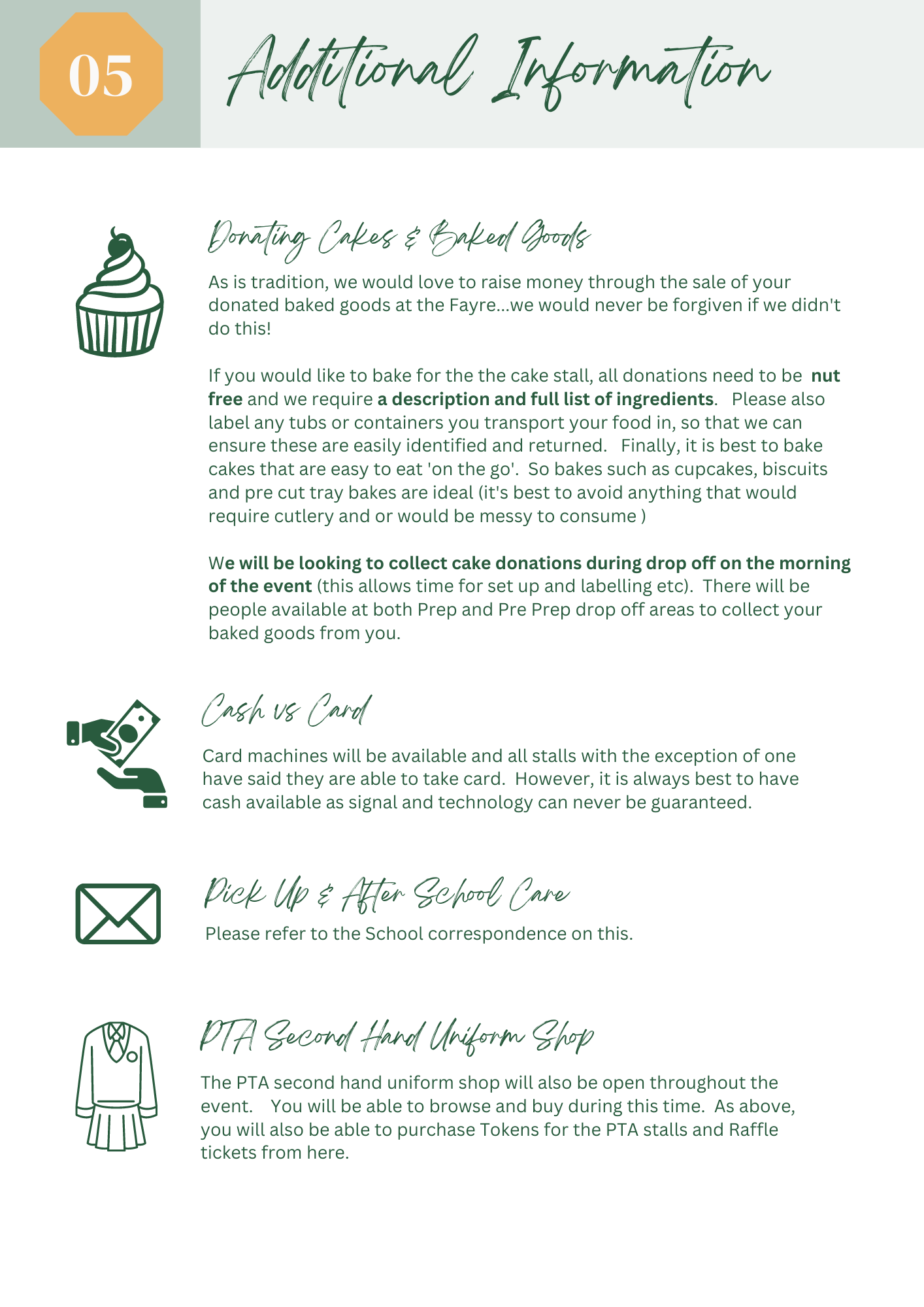 Page of additional information, includes text and graphic icons for cakes, credit cards, emails and wedding attire.