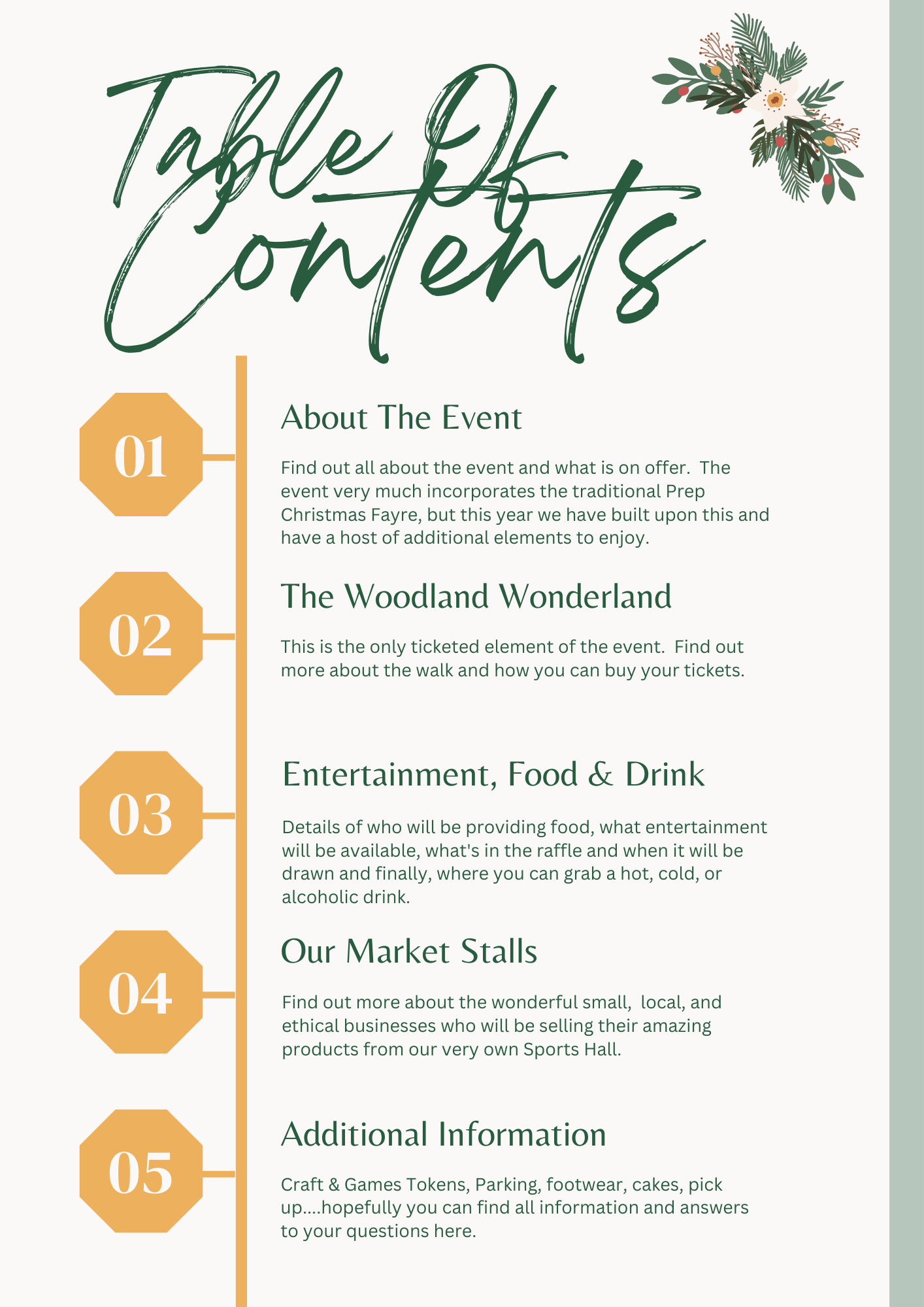 Table of contents page with section titles: About the event, Woodland, Entertainment, Market stalls, and Additional information.