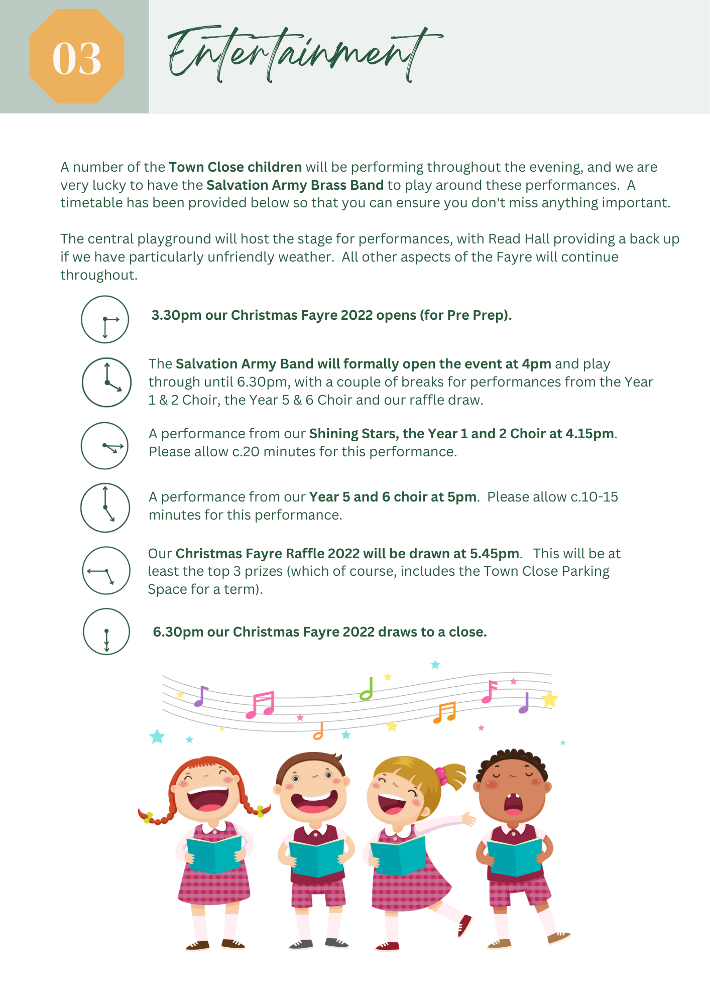 Children singing, musical notes, and various event times on white paper.