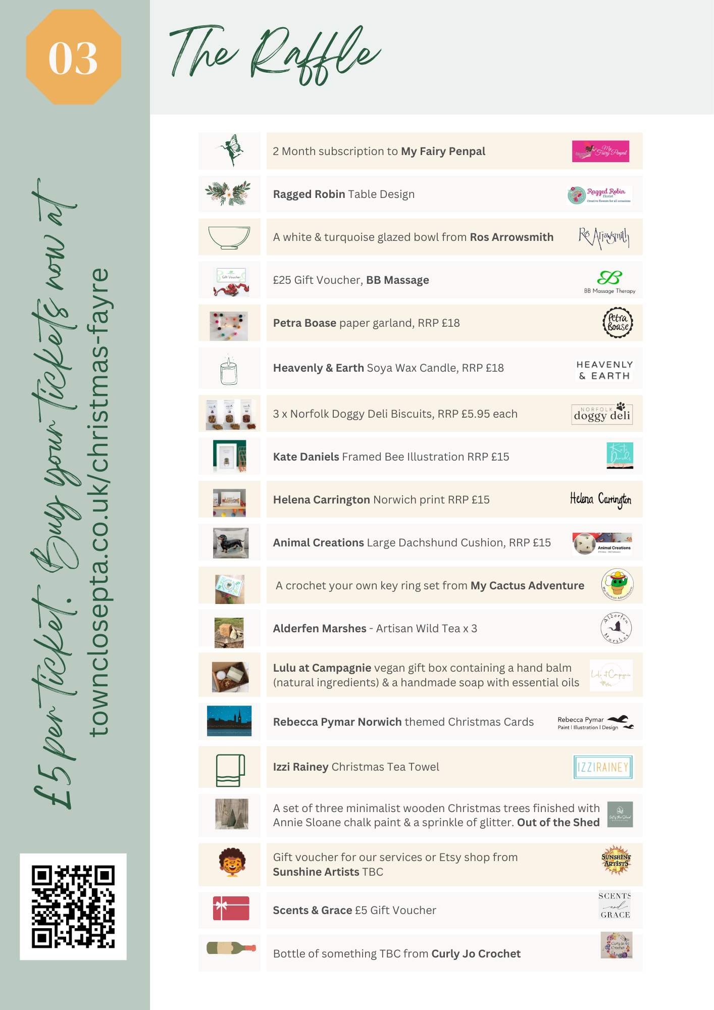 Raffle prizes flyer with prizes, including a trip, gift cards, and items.