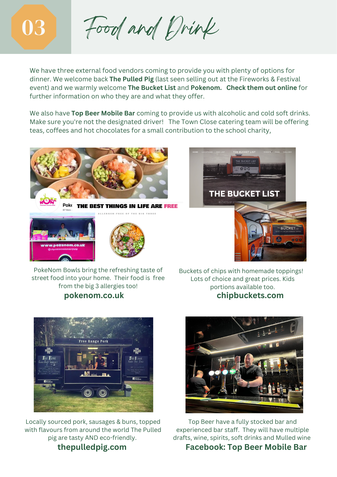 Food and drink vendors: mobile food carts, bars.