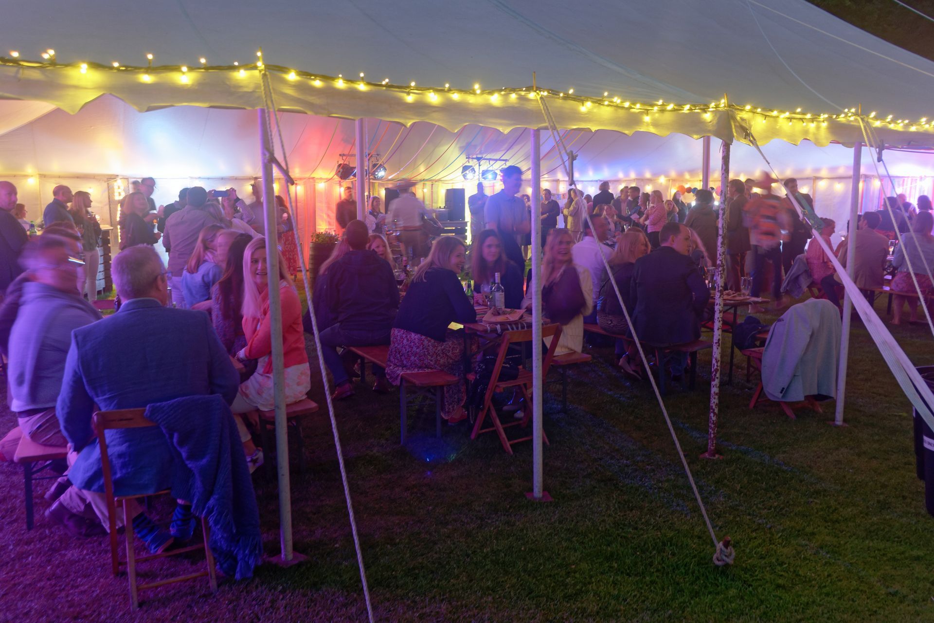 Party tent with people socializing. String lights overhead.