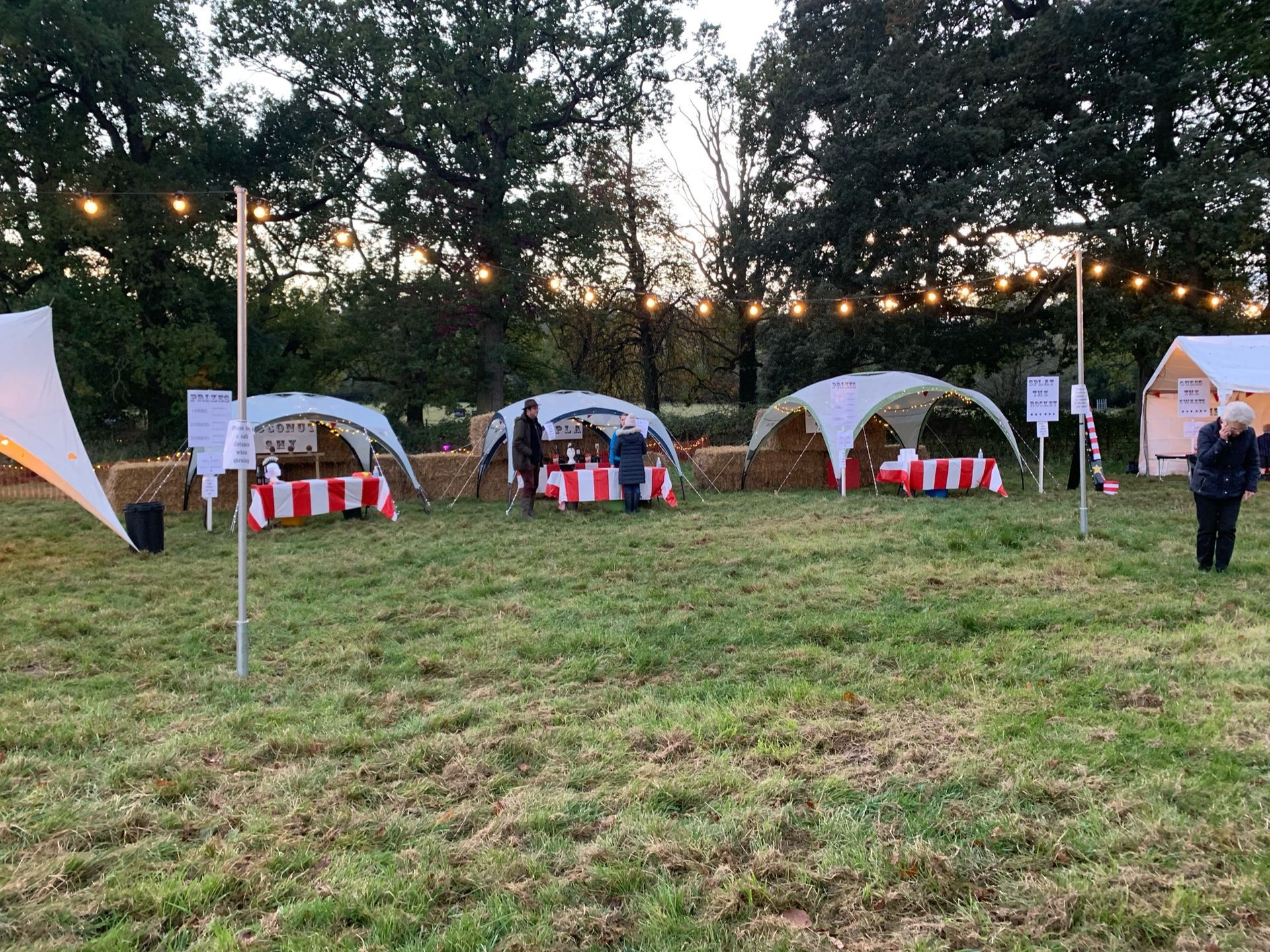 Outdoor market stalls with red and white striped tables, string lights, and people in a grassy field.