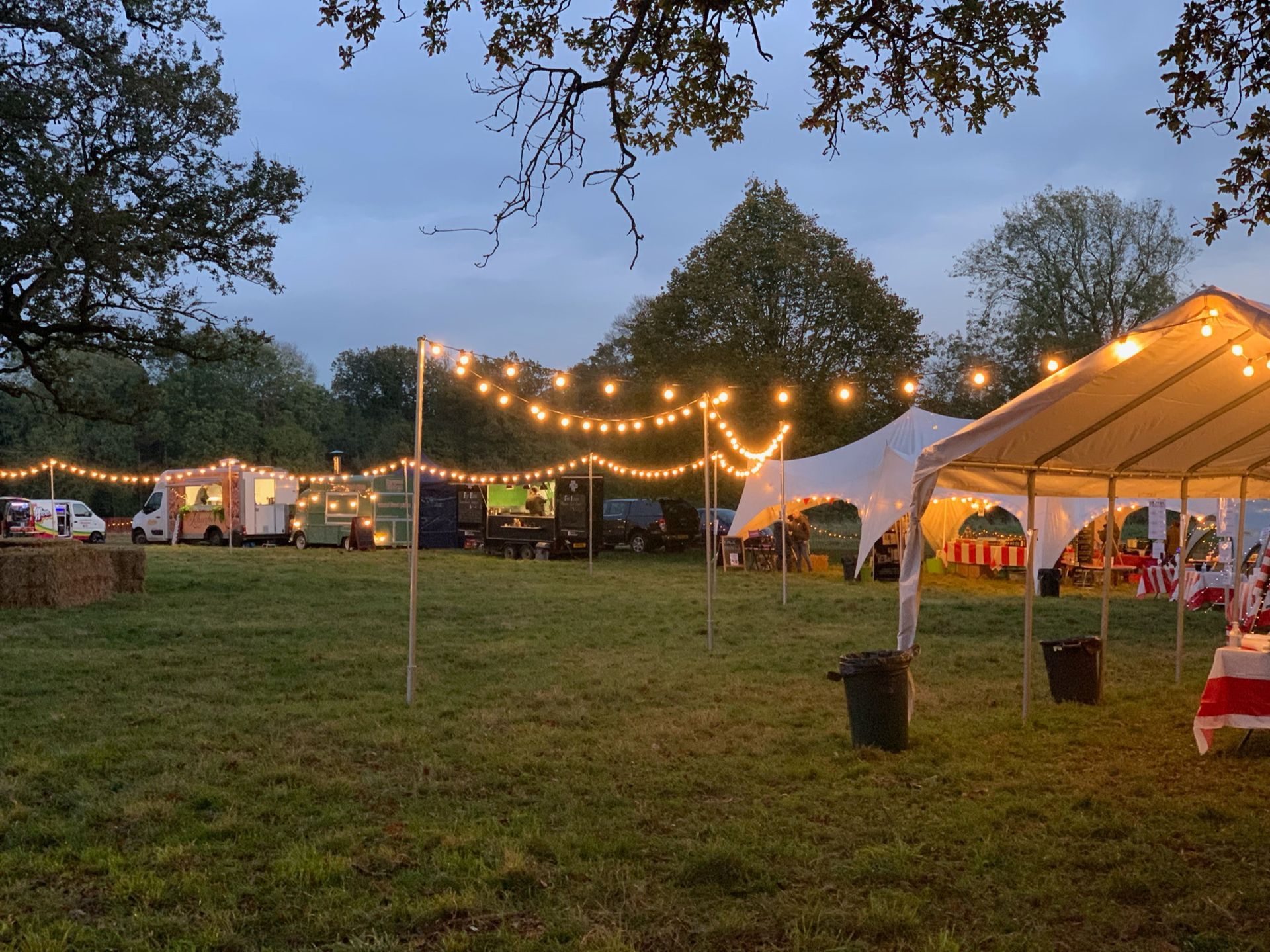 Outdoor evening event with food trucks, tents, and string lights over a grassy field.