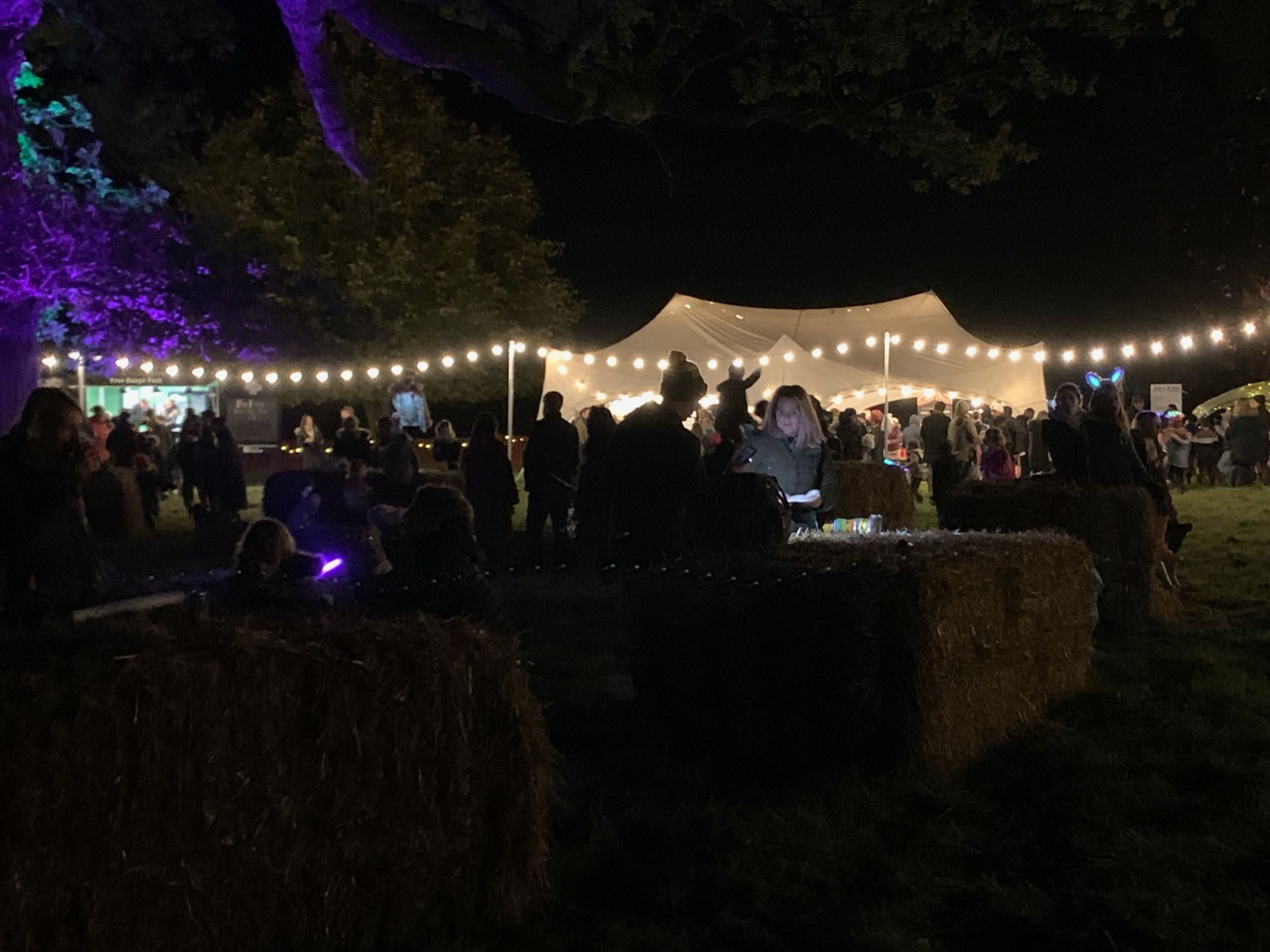 Nighttime outdoor event with string lights, people, hay bales, and a large tent.