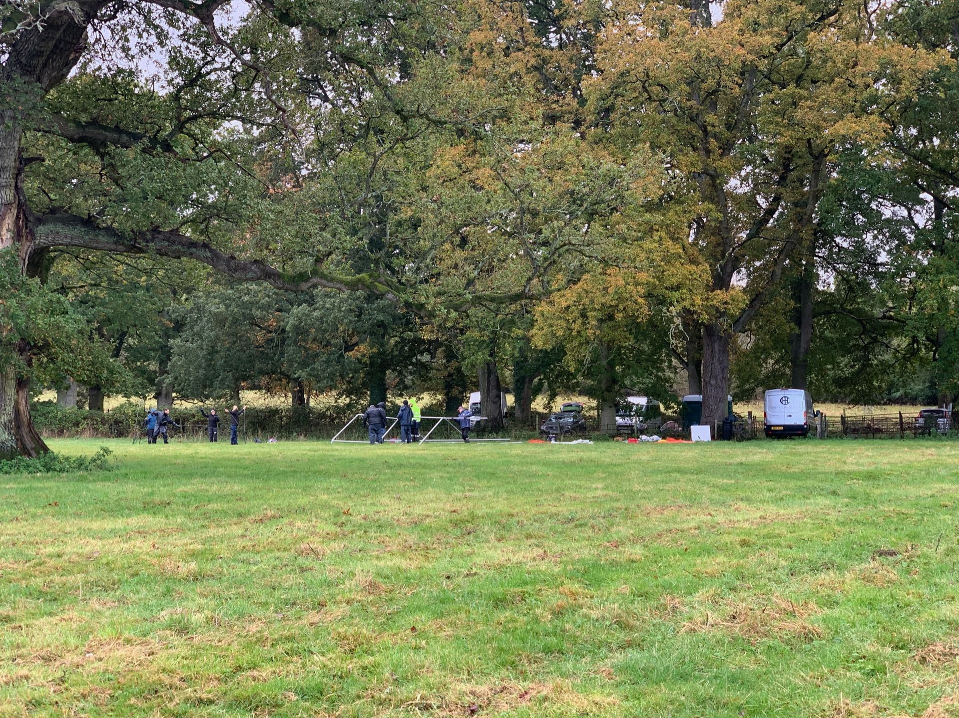 People searching a grassy field near trees on an overcast day.