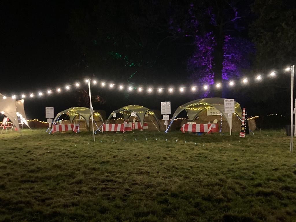 Nighttime outdoor event with food stalls under string lights on a grassy field.