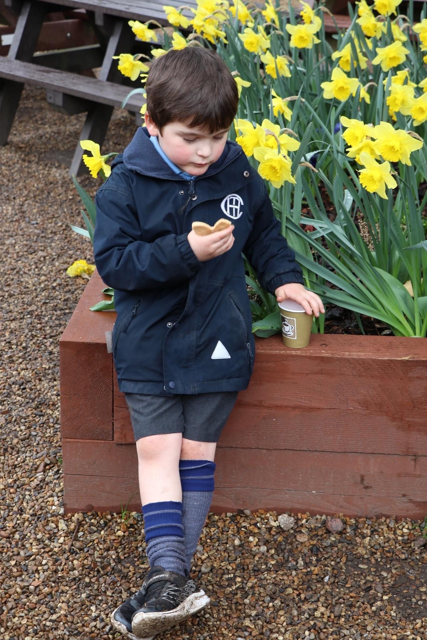 Boy in school uniform eats snack next to daffodils and a coffee cup.