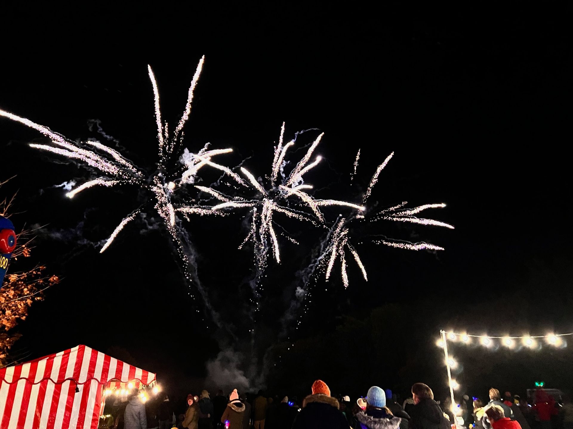Fireworks exploding in the night sky over a crowd of people; a striped tent and string lights are in view.