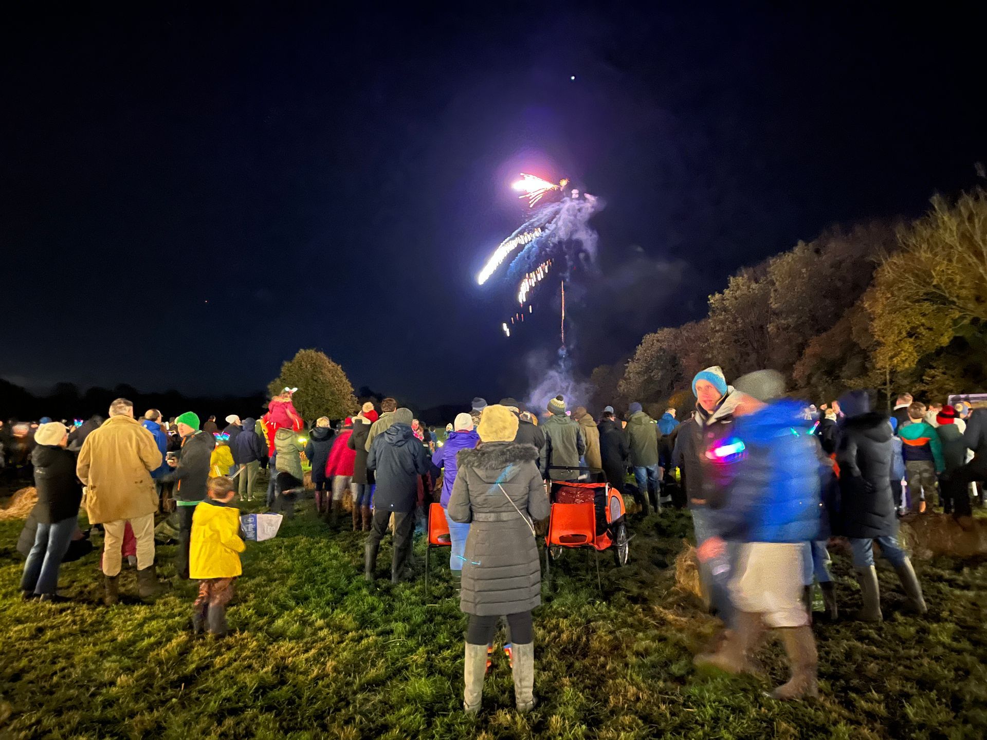 People watching fireworks in a field at night, colorful explosions overhead.