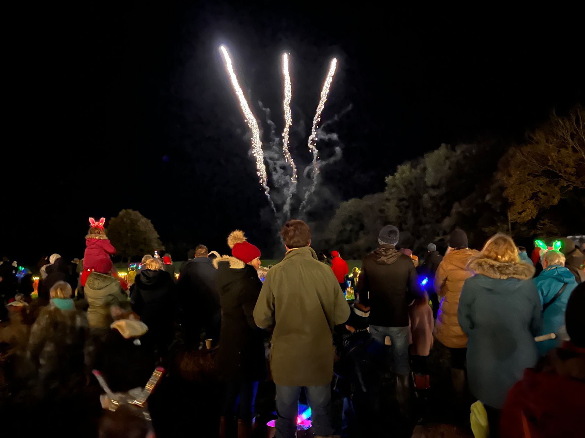 Fireworks over a crowd at night. People look upward, some with lit-up accessories.