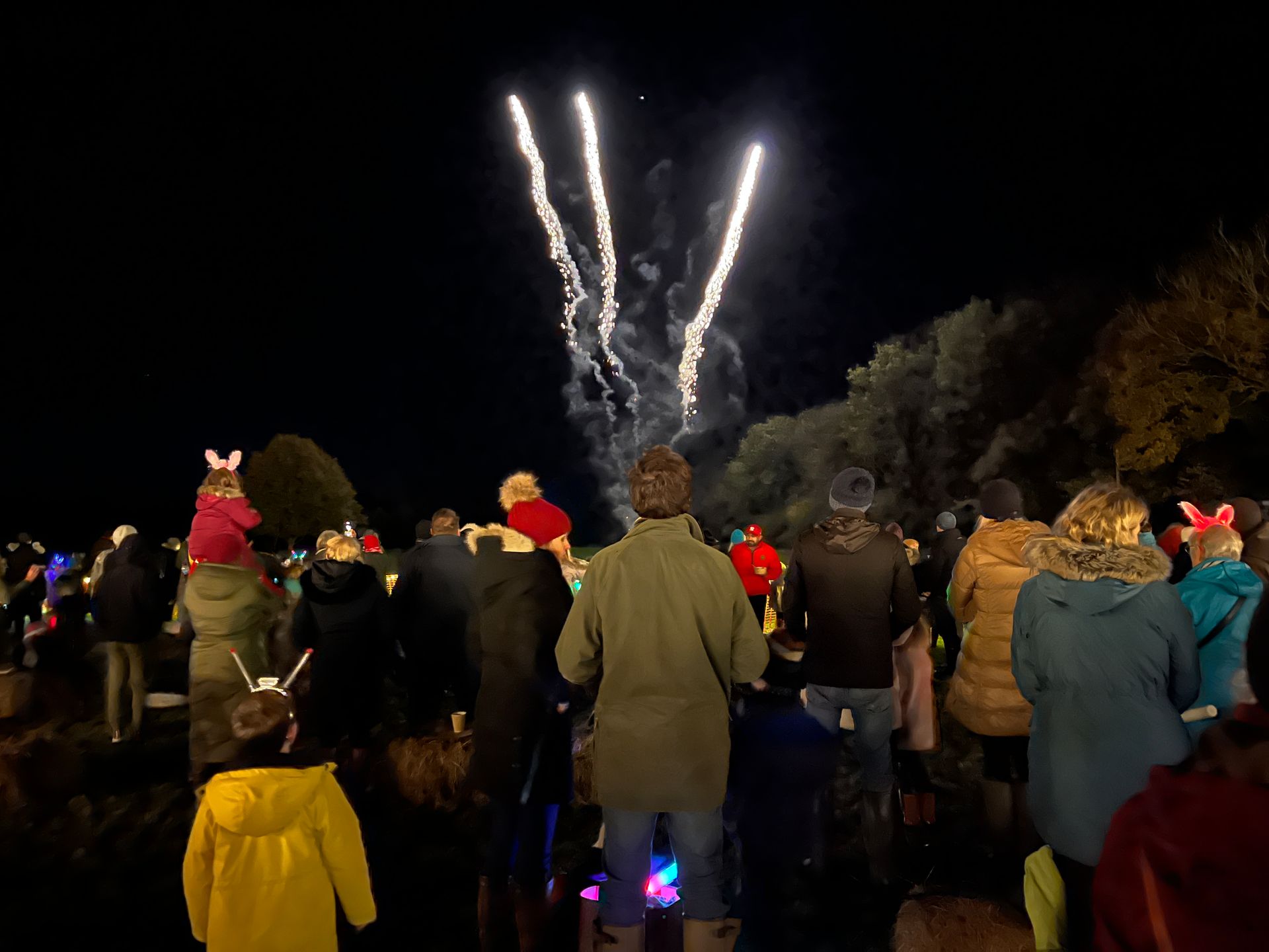 People watch fireworks at night. Some wear hats with bunny ears.