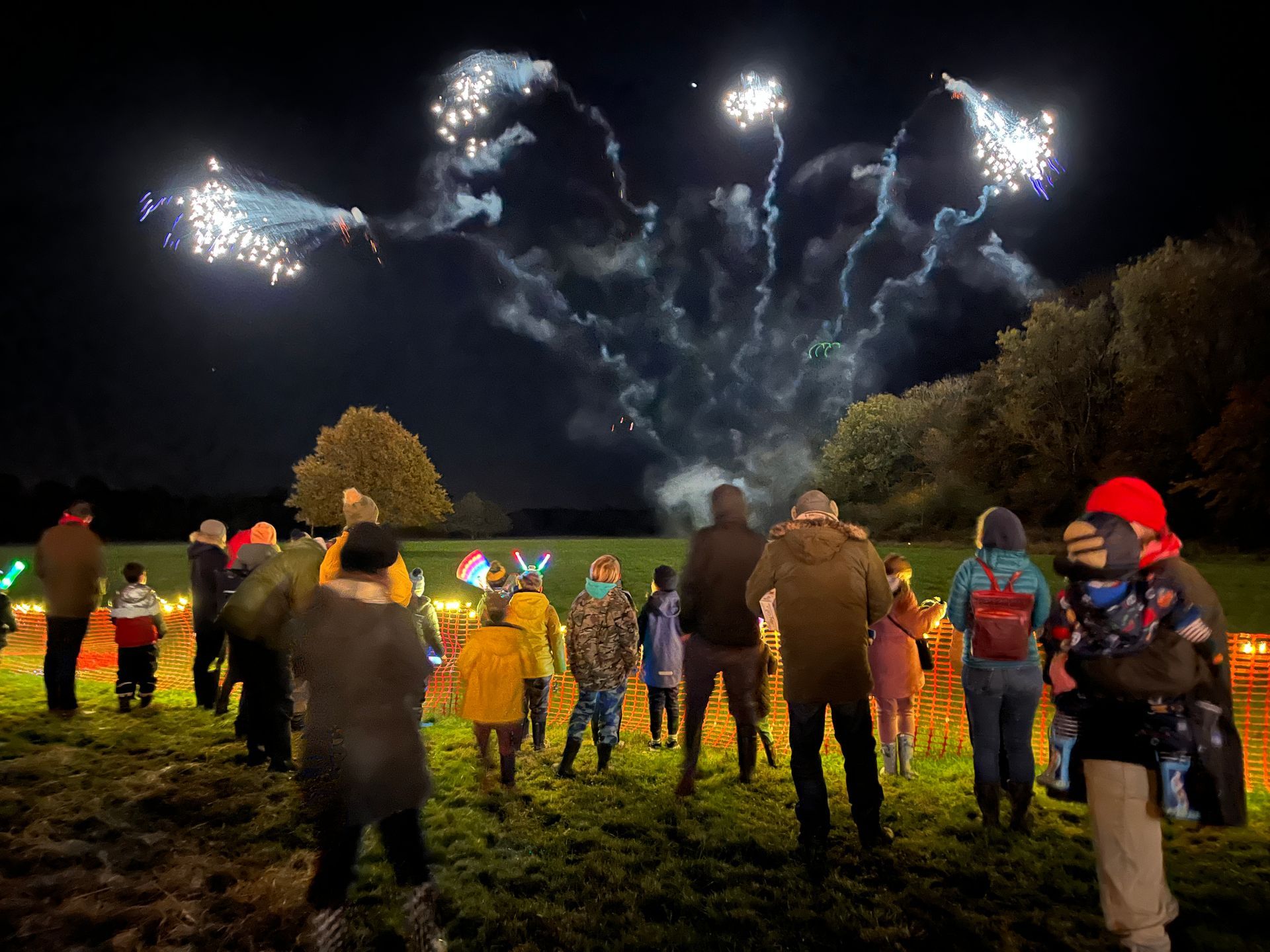 People watch fireworks in a grassy field at night. Silhouettes against the colorful explosions.
