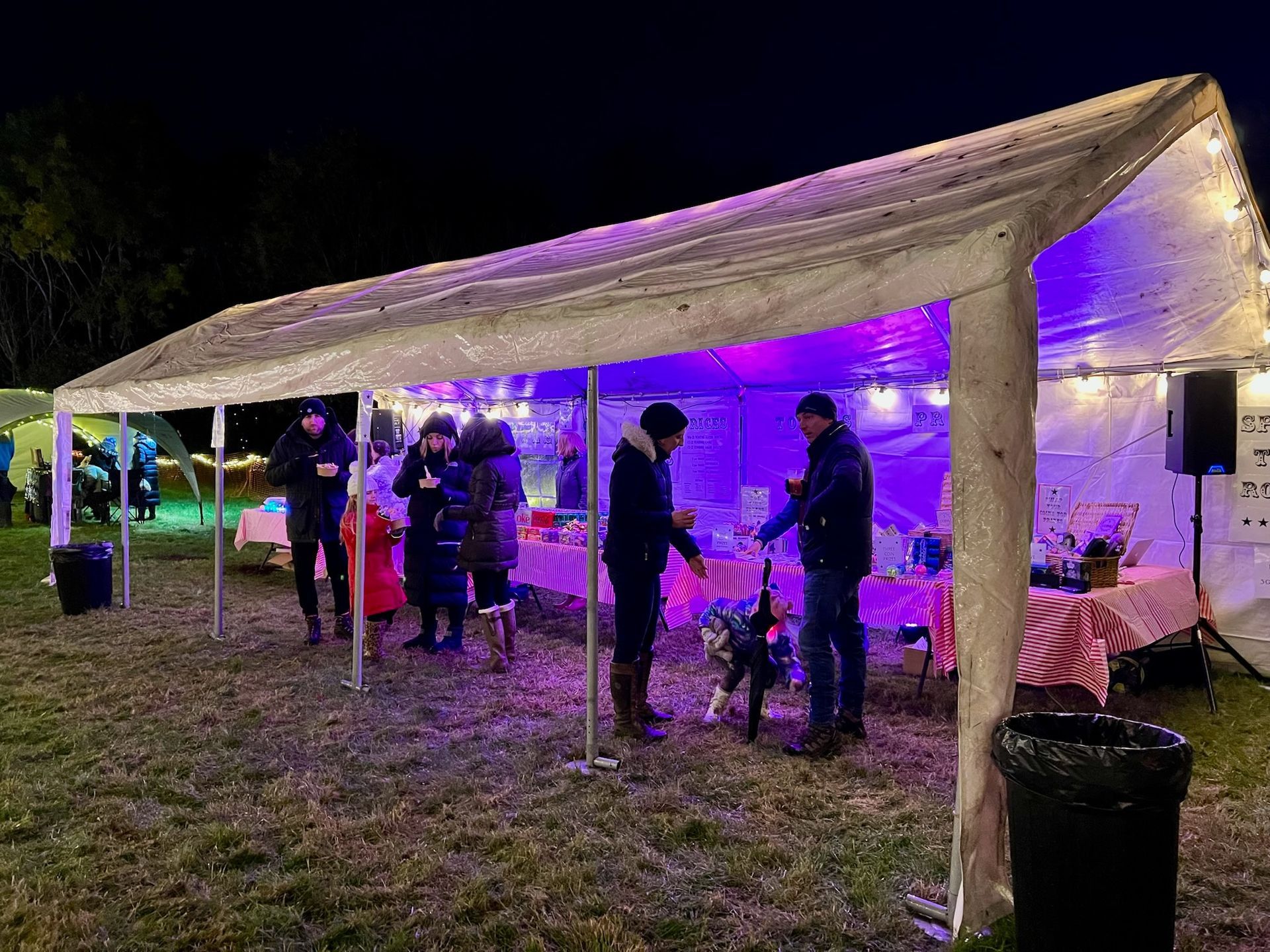 People under a tent decorated with lights at night.