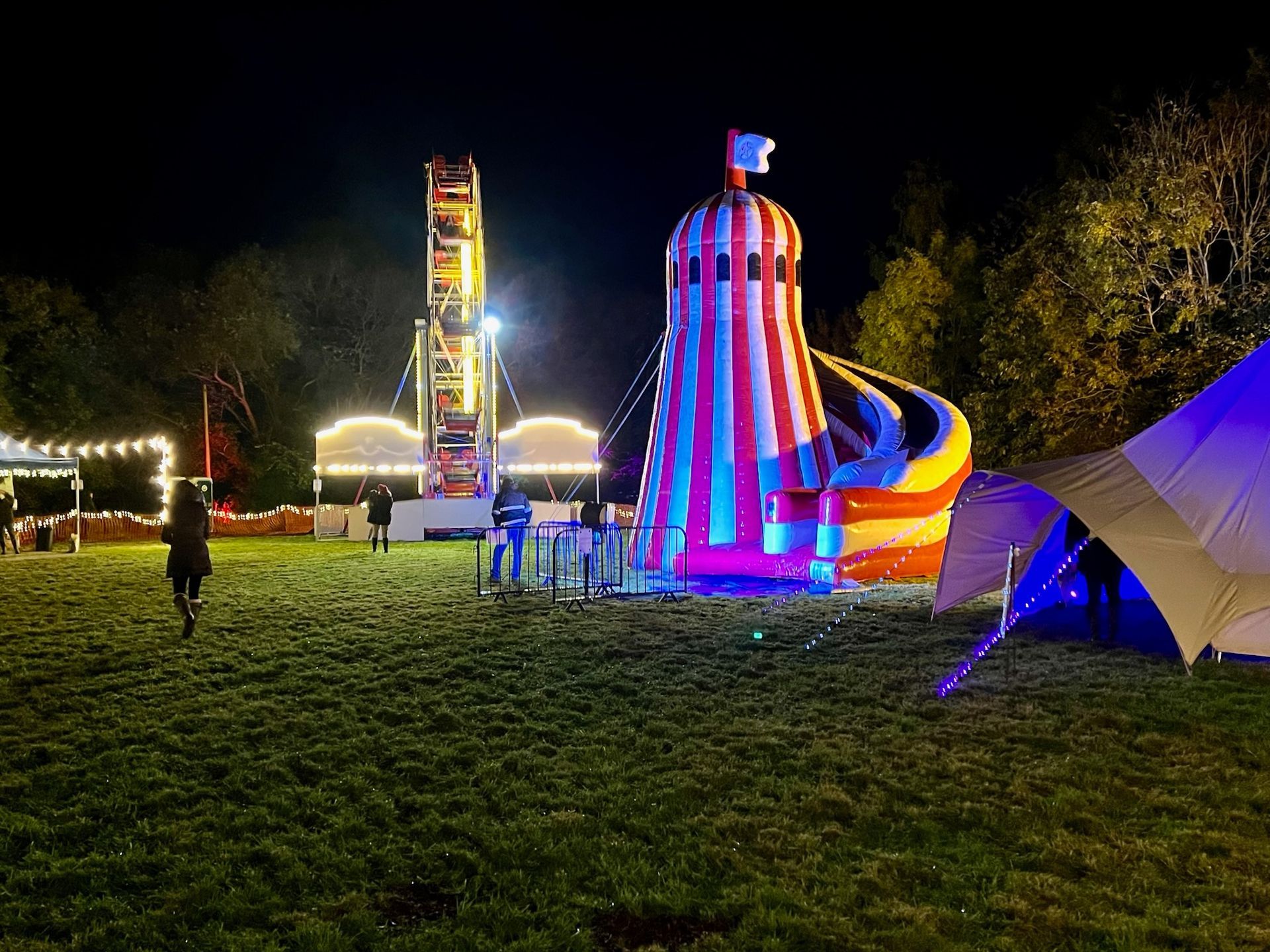 Night view of a carnival with Ferris wheel and slide, illuminated by colorful lights on grassy field.