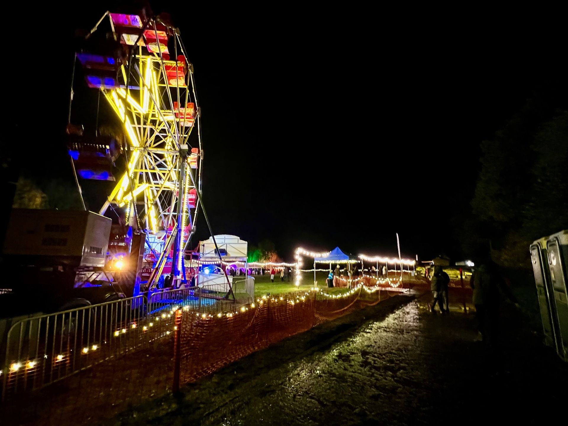 Ferris wheel at night, lit with colorful lights, over a festival ground with string lights.