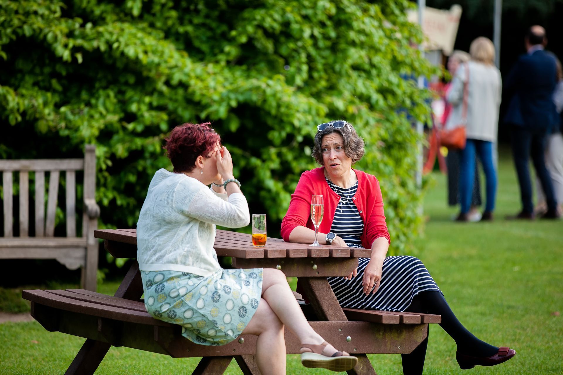 Two women converse at a picnic table on a lawn, in front of a large tree, others in the background.