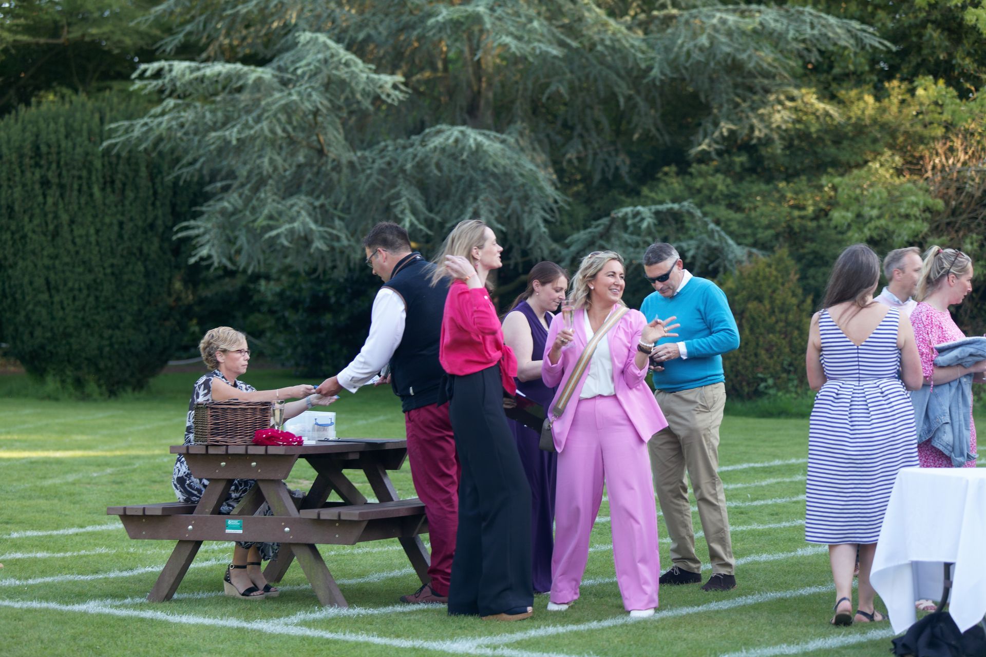 People in formal attire socializing on a lawn, with picnic table and trees in the background.