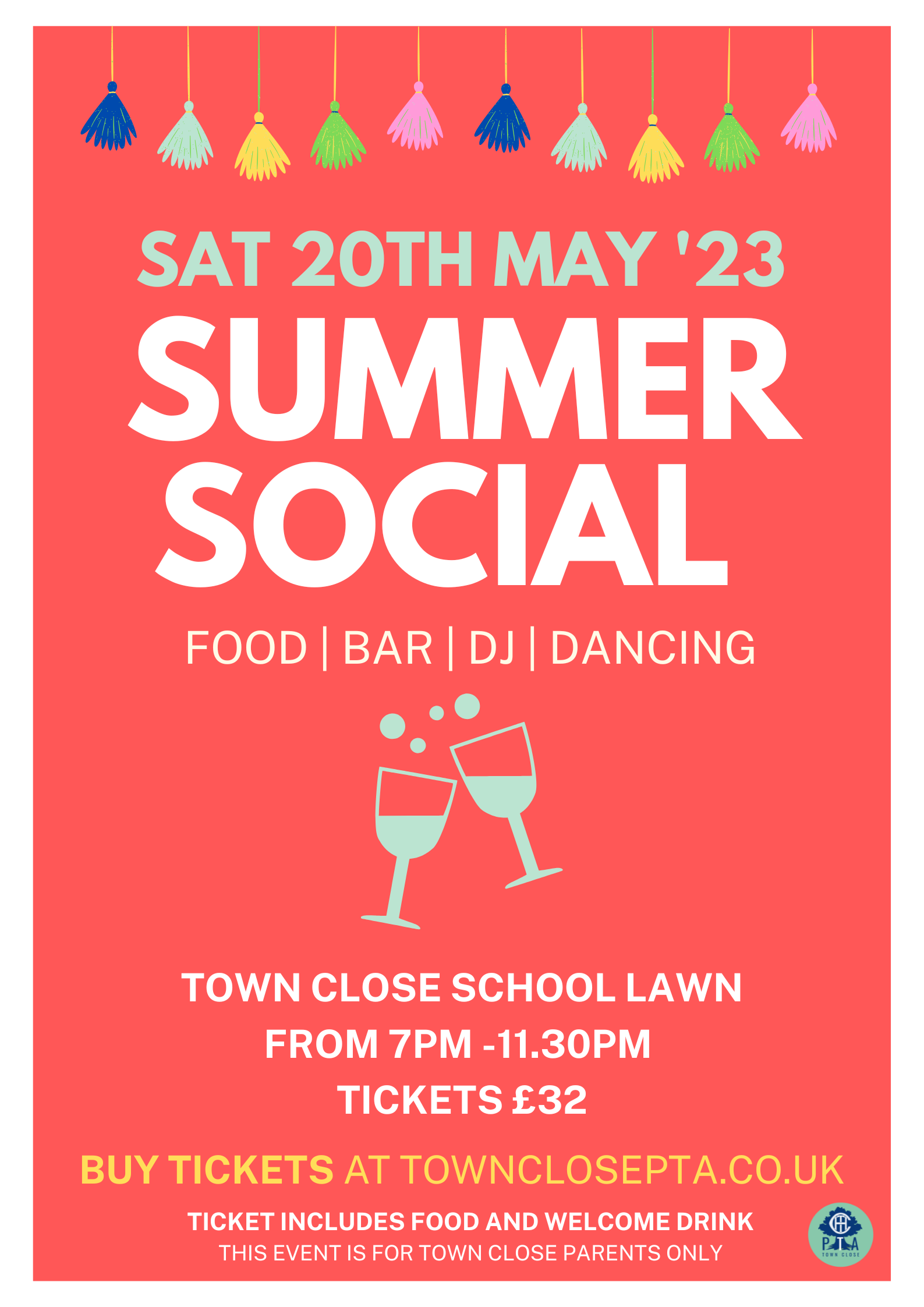 Poster for a summer social at Town Close School Lawn on May 20th, featuring food, bar, DJ, and dancing. Tickets £32.