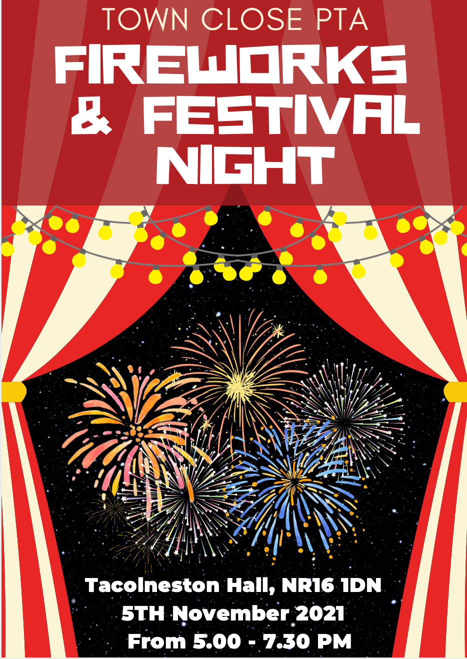 Fireworks and festival night poster: Red and white tent design with fireworks over Tacolneston Hall, NR16 1DN, 5th November 2021.